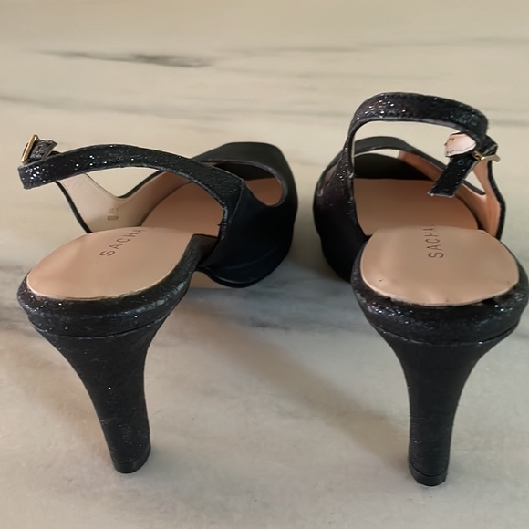 Black glitter open toe heels. - Picture 3 of 7